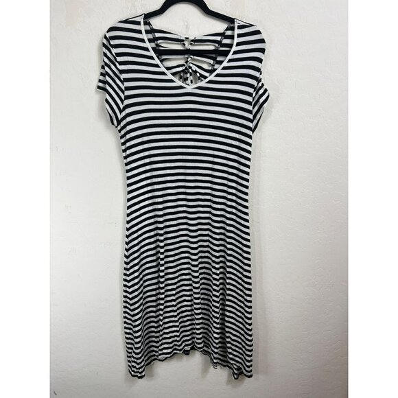 Chicos Sz 2 (US 12) V Neck T Shirt Midi Dress Black White Horizontal Stripe Fun - Picture 2 of 8